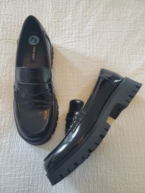 Nine West Glossy Black Lug Sole Chunky Penny Loafers